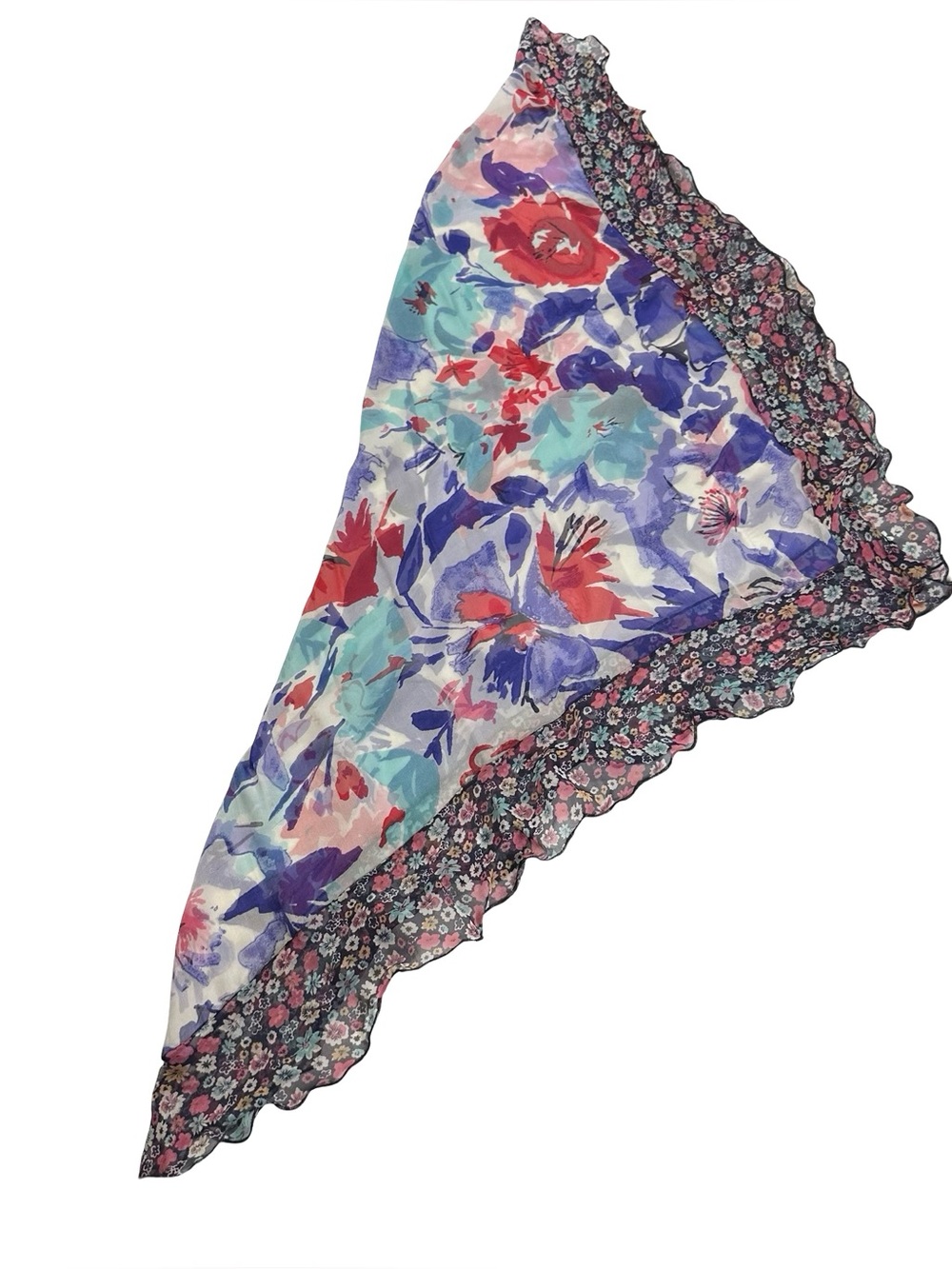 Jessica Simpson 100% Silk Floral Scarf Wrap Navy Blue Ruffle Trim Border 34x36
